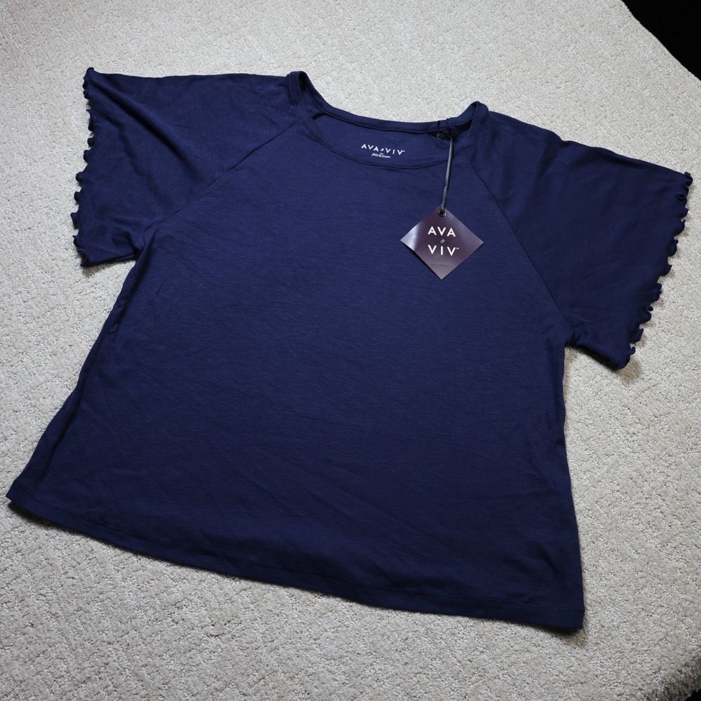 Ava & Viv Navy Blue Lettuce Edge Raglan Sleeve Slub Knit Top XXL